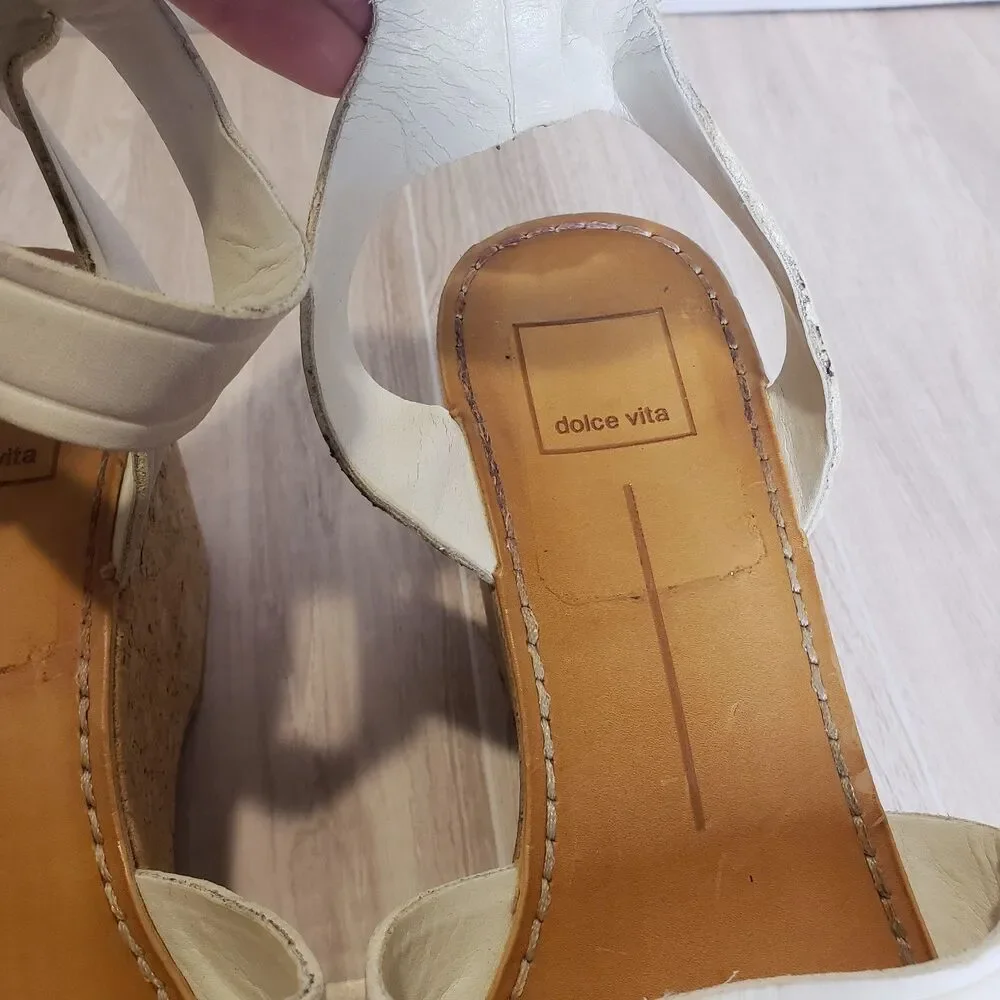 Dolce Vita Linda Cork Wedge Platform Sandals in white, size 9